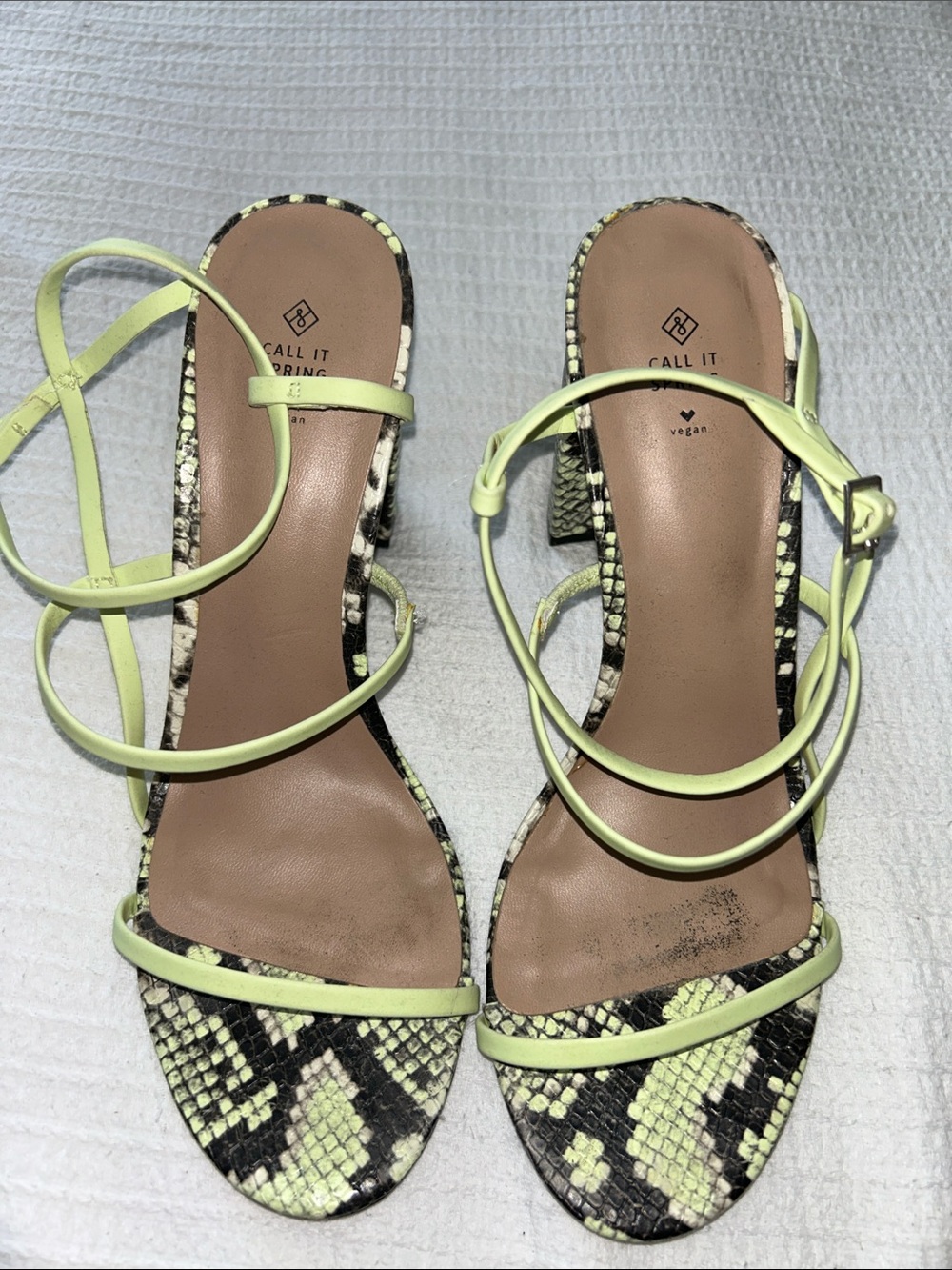 Call It Spring Women’s Neon Yellow Snake-Print Strappy Heels
